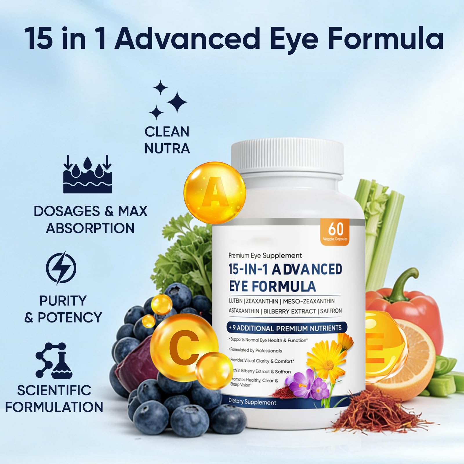 15 in 1 Advanced Eye Formula - Eye Vitamins Formula with All 3 Carotenoids, Lutein & Zeaxanthin, Bilberry Extract and Saffron,60count(1) — Amazon image 3