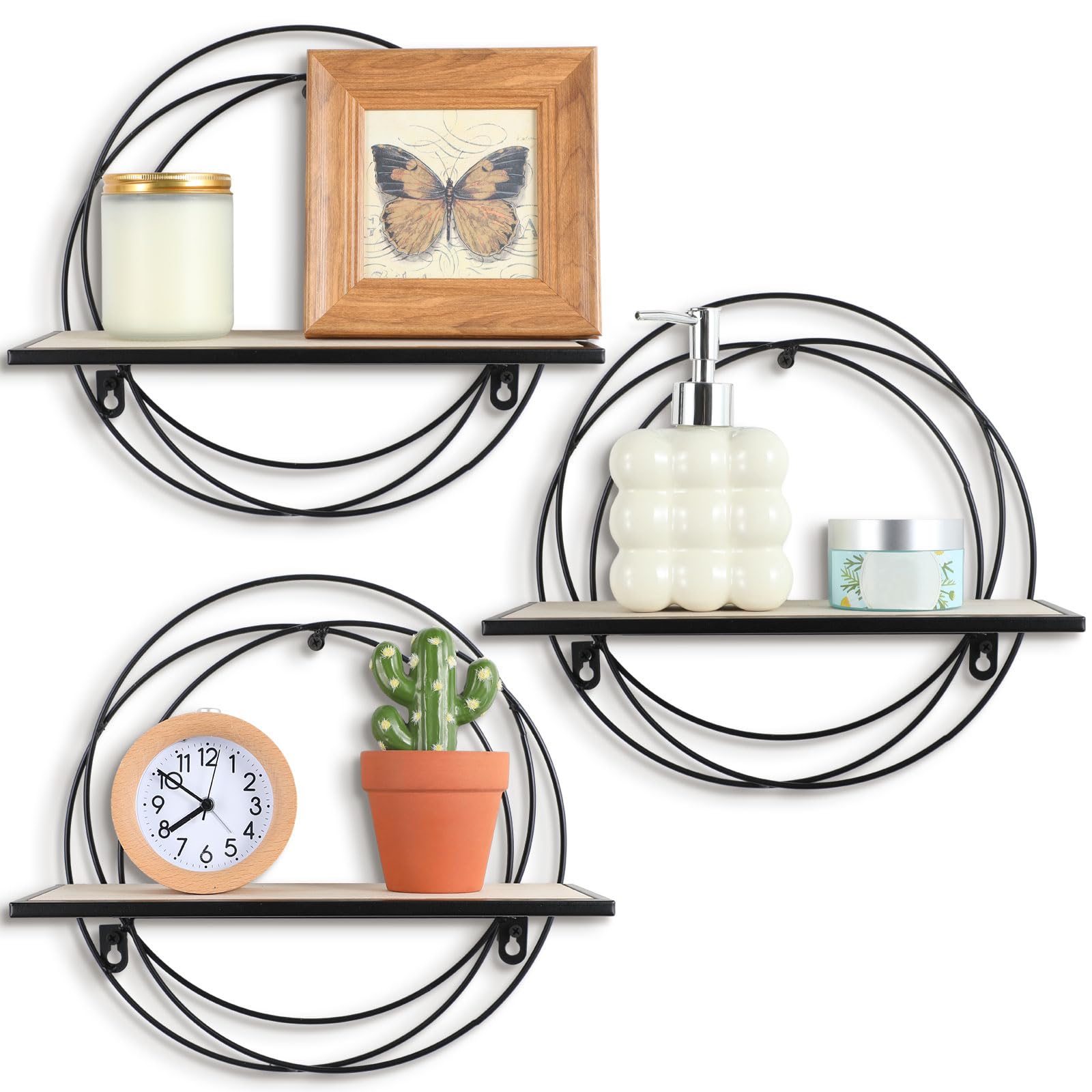 Yaocom 3 Stück Schweberegale, Wandmontage, Hängeregal mit Metalldraht und Holz, faltbares rundes Regal, Wanddekoration für Aufbewahrung, Schlafzimmer, Badezimmer, Wohnzimmer, Küche, Büro