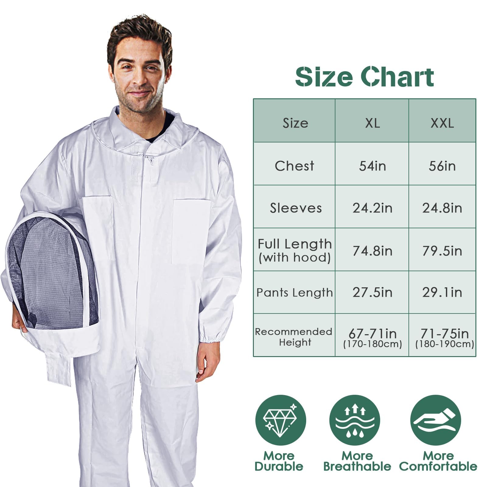 Traje de apicultor profesional para hombres y mujeres, disfraz de apicultor de cuerpo completo con capucha y velo para apicultor (XXL)