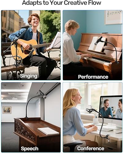 Miniatura 7 de Soporte de micrófono de cuello de cisne de 19 pulgadas, soporte de brazo de micrófono de cuello de cisne flexible con abrazadera en U y adaptador de