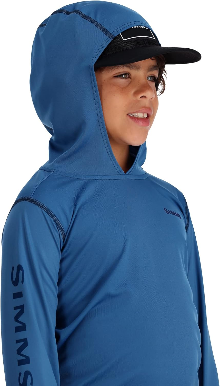 Simms Youth Solar Tech UPF 50 Fishing Shirt, SPF Hoody Shirt, Nightfall, Small
