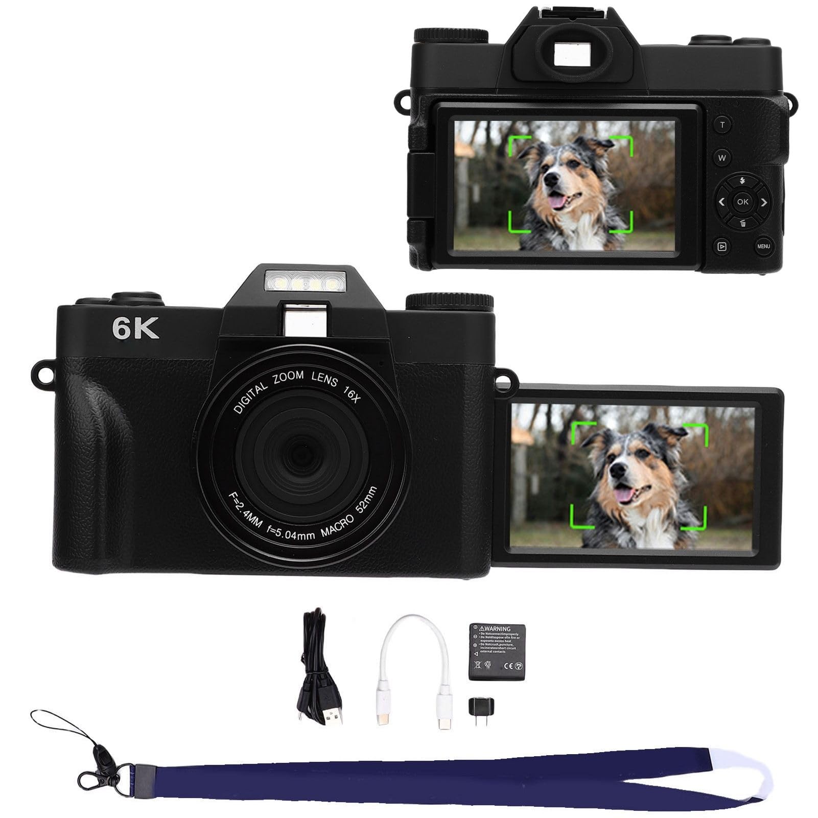 BuyWeek Cámara Digital 6K 64MP con WiFi, Cámara de Vlogging HD con Enfoque Automático y Zoom de 16X con Pantalla Abatible de 180 Grados de 3 Pulgadas, Selfie, Flash LED/luz de Relleno (Negra)