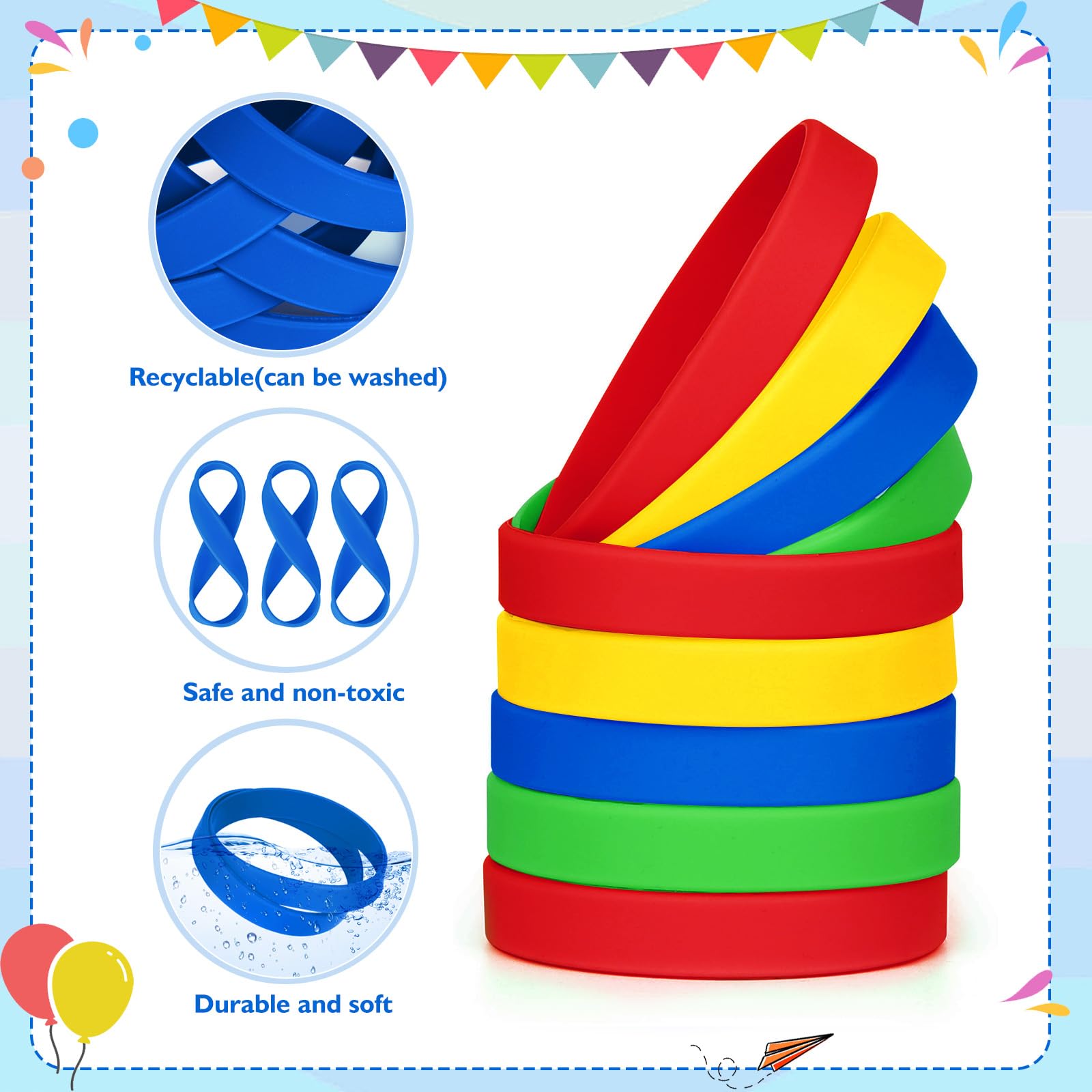 Bracelet en silicone pour enfants lot de 100 17,8 cm vert 4 couleurs 8-12 ans