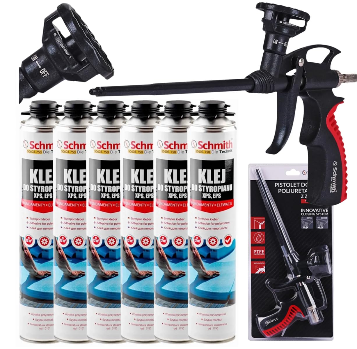 Lot de 6 Colles de Montage pour Polystyrène + 1 Pistolet avec Valve – pour Fixation d'Éléments Légers, Collage de Plaques de Plâtre – 6 x 750 ml