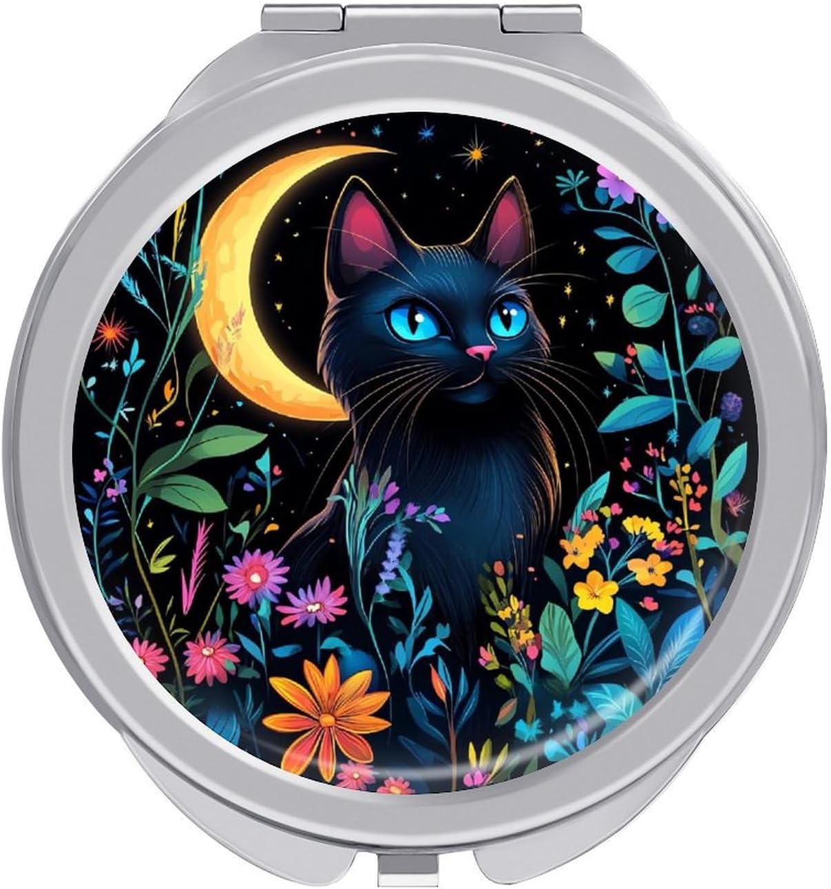 Black Cat with Flowers Compact Makeup Mirror Mini Foldable Cosmetic Mirror Portable Travel Mirror for Purse Pocket