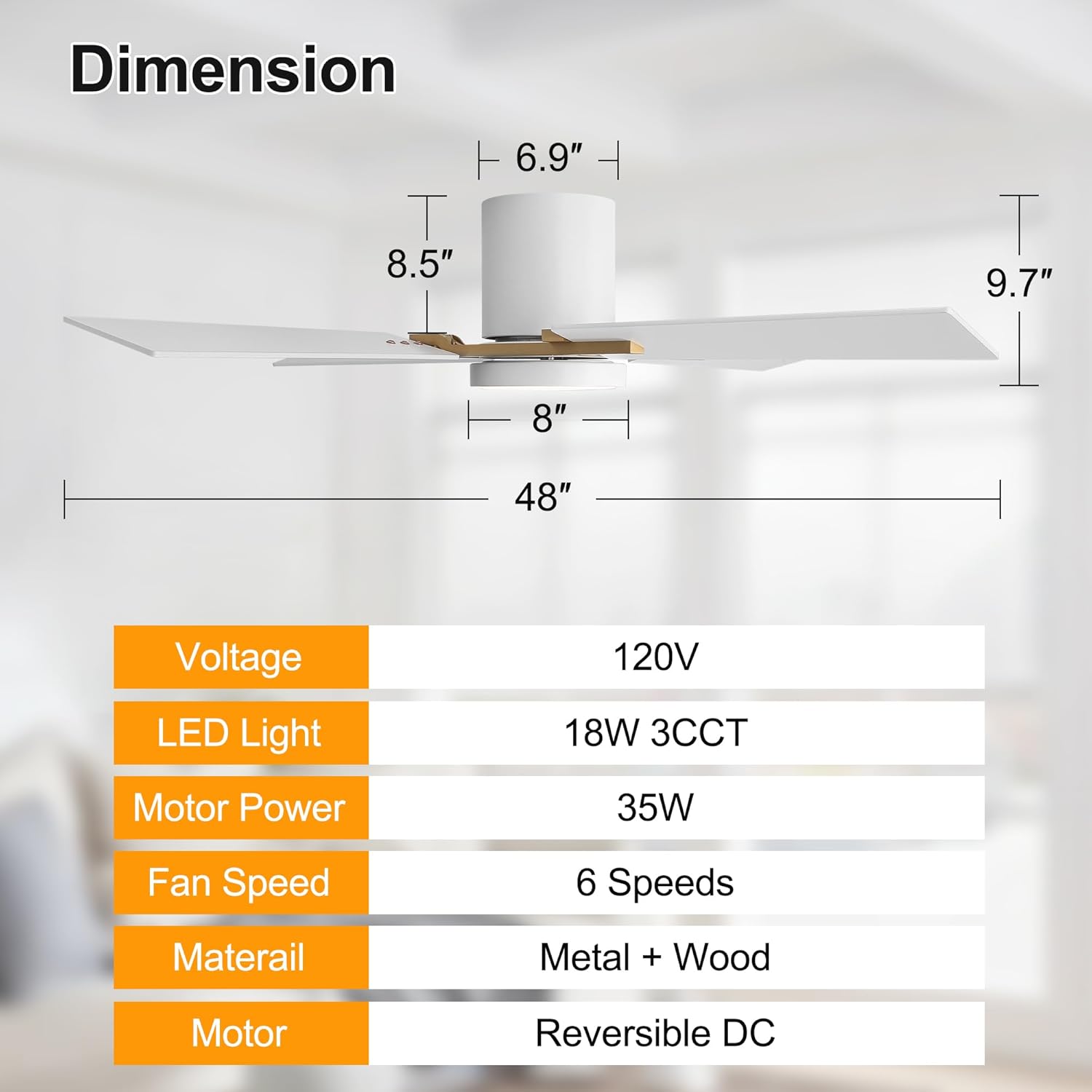 WINGBO 48" Flush Mount Ceiling Fan with Light - 4 Plywood Blades, 6-Speed Reversible DC Motor, Dimmable, 3CCT, Noiseless Low Profile Ceiling Fans and Light for Bedroom Living Room, Gold and White
