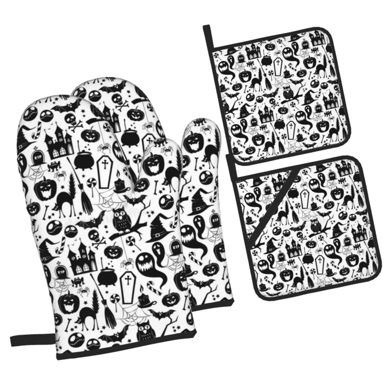 Ghost Oven Mitts and Pot Holders Sets, Christmas Oven Mitt Kitchen Heat Resistant Non-Slip Pot Holders Set for Cooking Baking BBQ