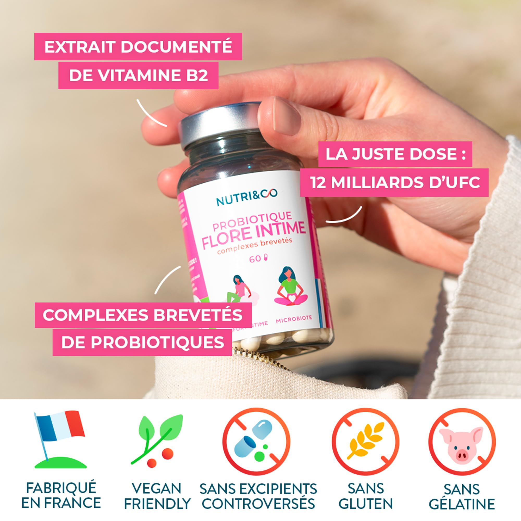 NUTRI & CO Probiotique Flore Intime - 6 Souches dont Lactobacillus Crispatus + 2 Complexes Brevetés SynbAEctive® - 60 Gélules Gastro-Résistantes - Conditionné en France