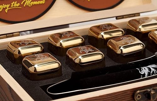 Miniatura 7 de Juego de 8 cubitos de hielo dorados de acero inoxidable para whisky. Rocas refrescantes reutilizables en caja de madera, ideas para hombres, papá,