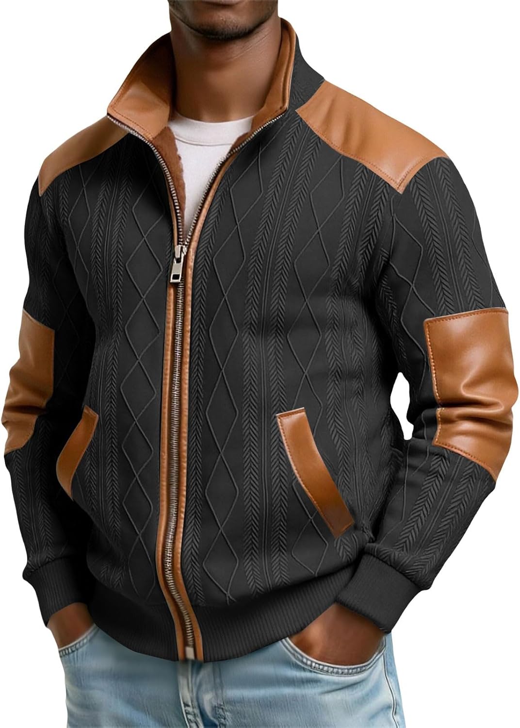 Sherpa Lined Jacket Men Vintage Textured Patchwork Jacket Full Zip Long Sleeve Sweatshirt Western Cowboy Winter Coat