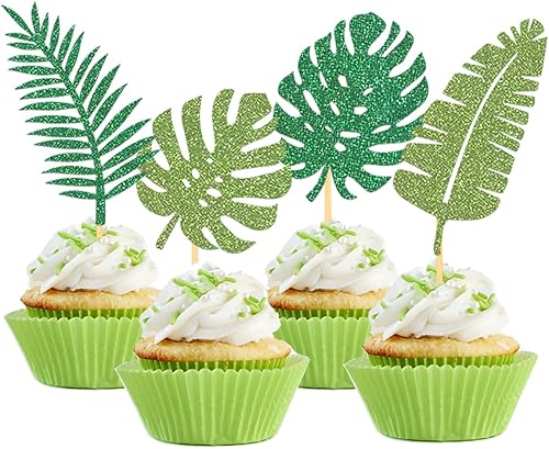 24 adornos tropicales con purpurina para cupcakes, hojas de palmera tropicales, decoraciones de Aloha para verano, temática hawaiana, baby shower,