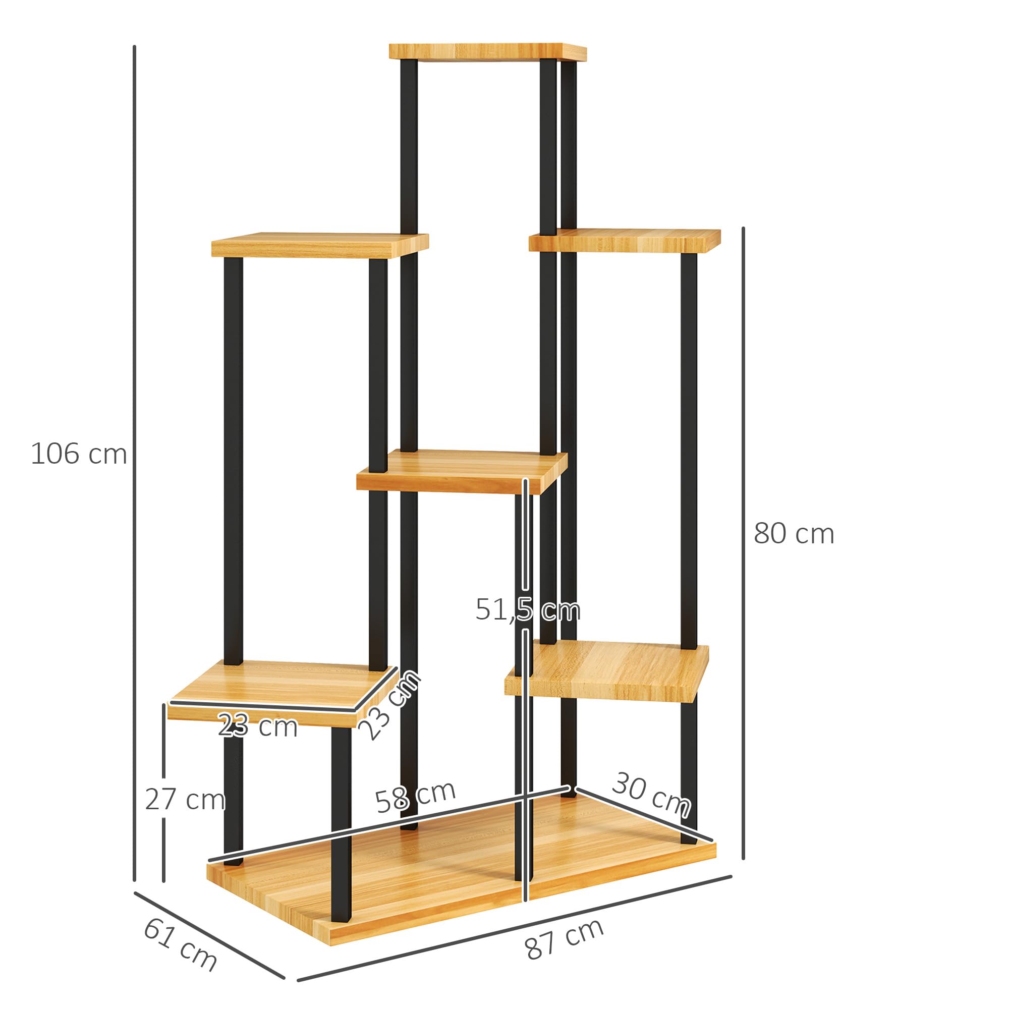Outsunny Support à plantes à 7 niveaux pour intérieur et extérieur, étagère plante en acier et bois, porte plantes pour jardin, terrasse, balcon, salon, bois naturel