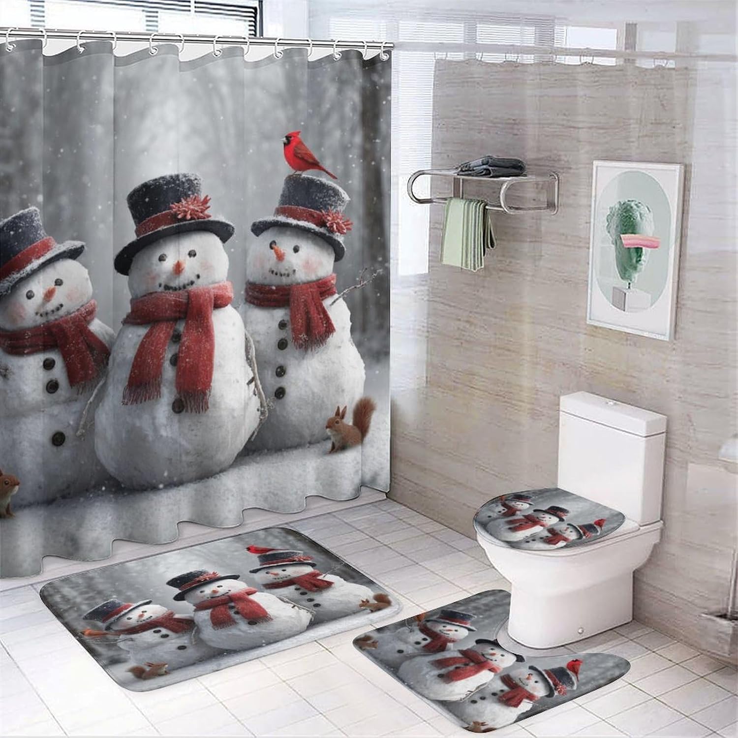 4Pcs Funny Snowmen Birds Shower Curtain Set with Rugs, Toilet Lid Cover and Bath Mat, Christmas Squirrels Forest Bathroom Curtains Decor Shower Curtains, 72" x 72"
