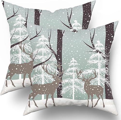 Miniatura 2 de Juego de 2 fundas de almohada de ciervos de 16 x 16 pulgadas, diseño de reno de Navidad, árbol de copo de nieve, color azul marfil, juego de 2