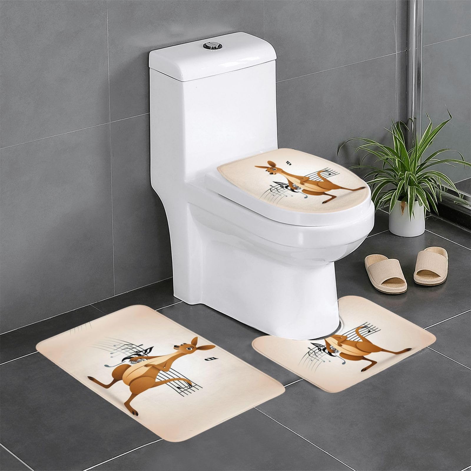 Tapis de sol antidérapants en flanelle motif kangourou 3 pièces pour salle de bain