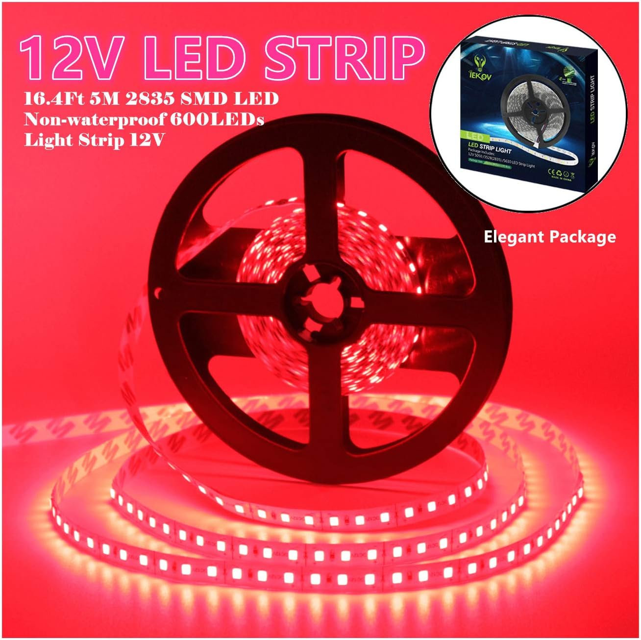 Led Strip Lights, IEKOV™ 2835 SMD 600LEDs Non-Waterproof Flexible Xmas Decorative Lighting Strips, LED Tape, 5M 16.4Ft DC12V, 3 Times Brightness Than SMD 3528 LED Light Strip (Red)