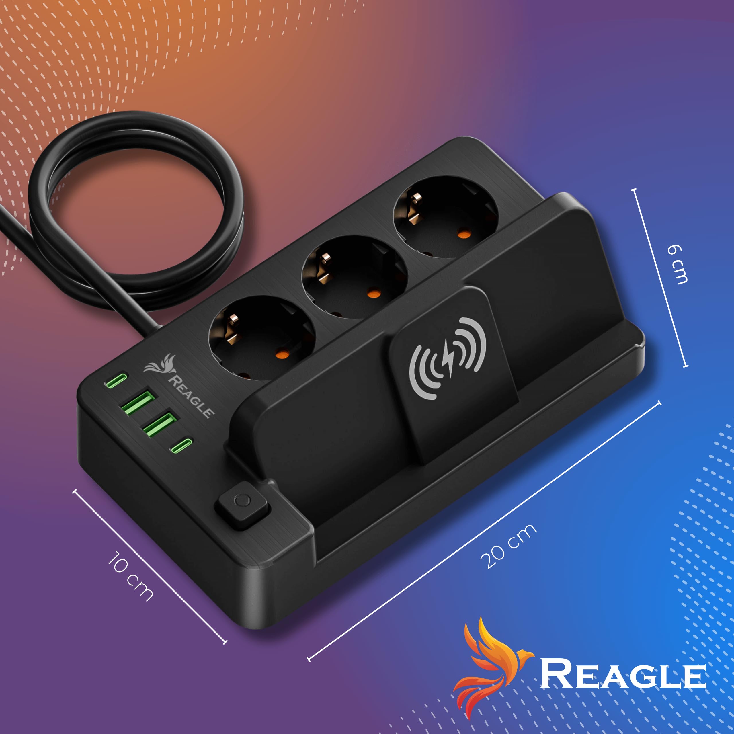 Reagle Listwa zasilająca z 4 portami USB, 3 gniazda, 230 V, z przełącznikiem Save Energy, oszczędzająca energię, do domowego biura z ochroną przed przepięciem 3 m