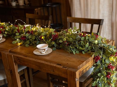 Miniatura 8 de Guirnalda de Navidad de 6 pies con tira de luces LED, Anna's Whimsy 144 puntas de rama, pino artificial de temporada, guirnalda de ciprés de