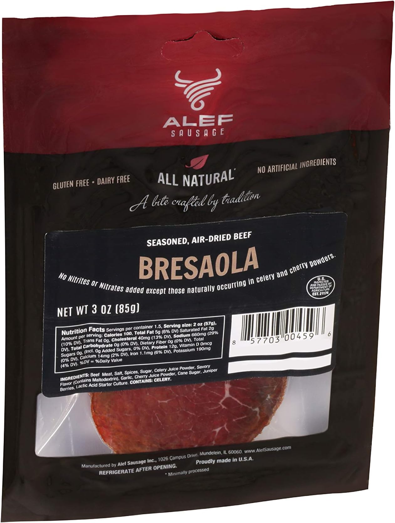 Uncured Bresaola seasoned Air Dry Beef (3 packages / 3 oz. each) NITRATE FREE, NITRITE FREE, MSG FREE, DAIRY FREE, GLUTEN FREE