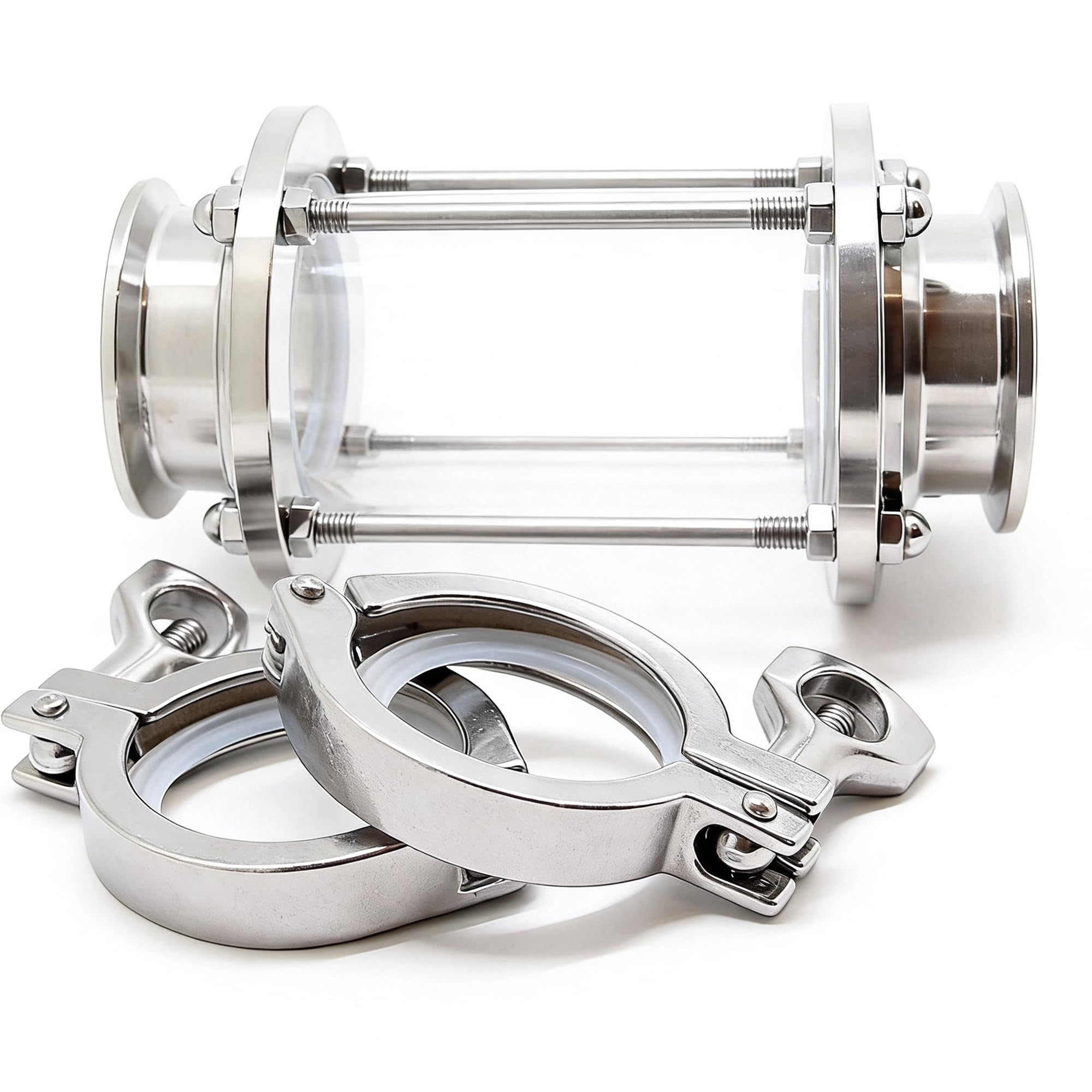 QiiMii 1.5" in-Line Sight Glass with Clamp End, Flow Sanitary Straight Sight Glass Tri-clamp, SS304,with 2 pcs 1.5" Tri-clamp and Silicone Gasket(Flow