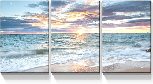 Denozer - Lienzo decorativo de 3 paneles para decoración del hogar, mar azul, puesta de sol, blanco, playa, pintura, impresión sobre lienzo, paisaje