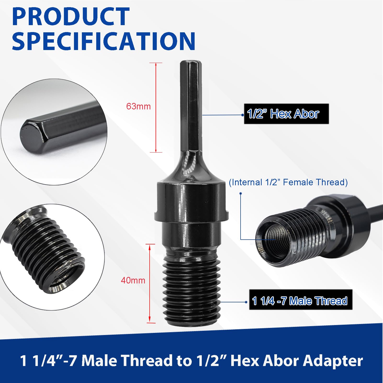 1-1/4"-7 Male Thread to 1/2" Hex Shank Core Drill Bit Adapter, Premium Convenient Converter for Concrete Coring Drilling — Amazon image 2