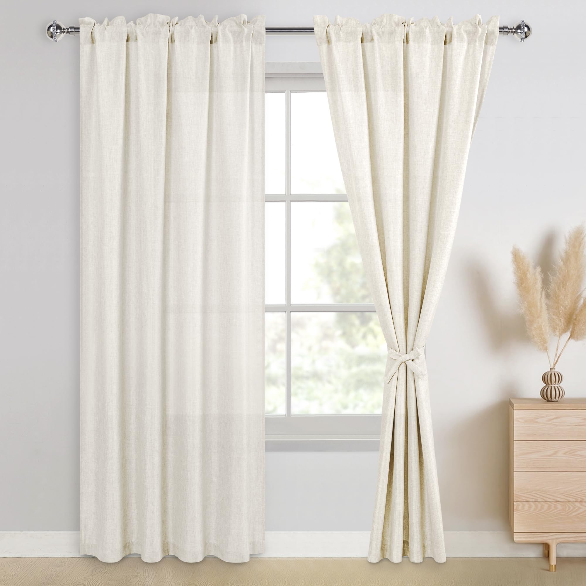 JIUZHEN Champagne Faux Linen Curtains for Bedroom, Rod Pocket Thick Linen Semi Sheer Curtains 84 Inches Long Light Filtering Curtains & Drapes for Living room, Set of 2 Window Curtain Panels,52W x 84L