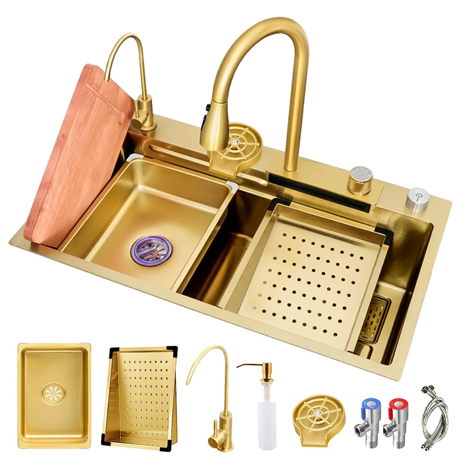 YADZISW Gold Stainless Steel Kitchen Sink with Pull-Out Faucet Small Basin & Cup Washer Nano Coated Farmhouse Workstation Drain Kit (70x50x21cm)