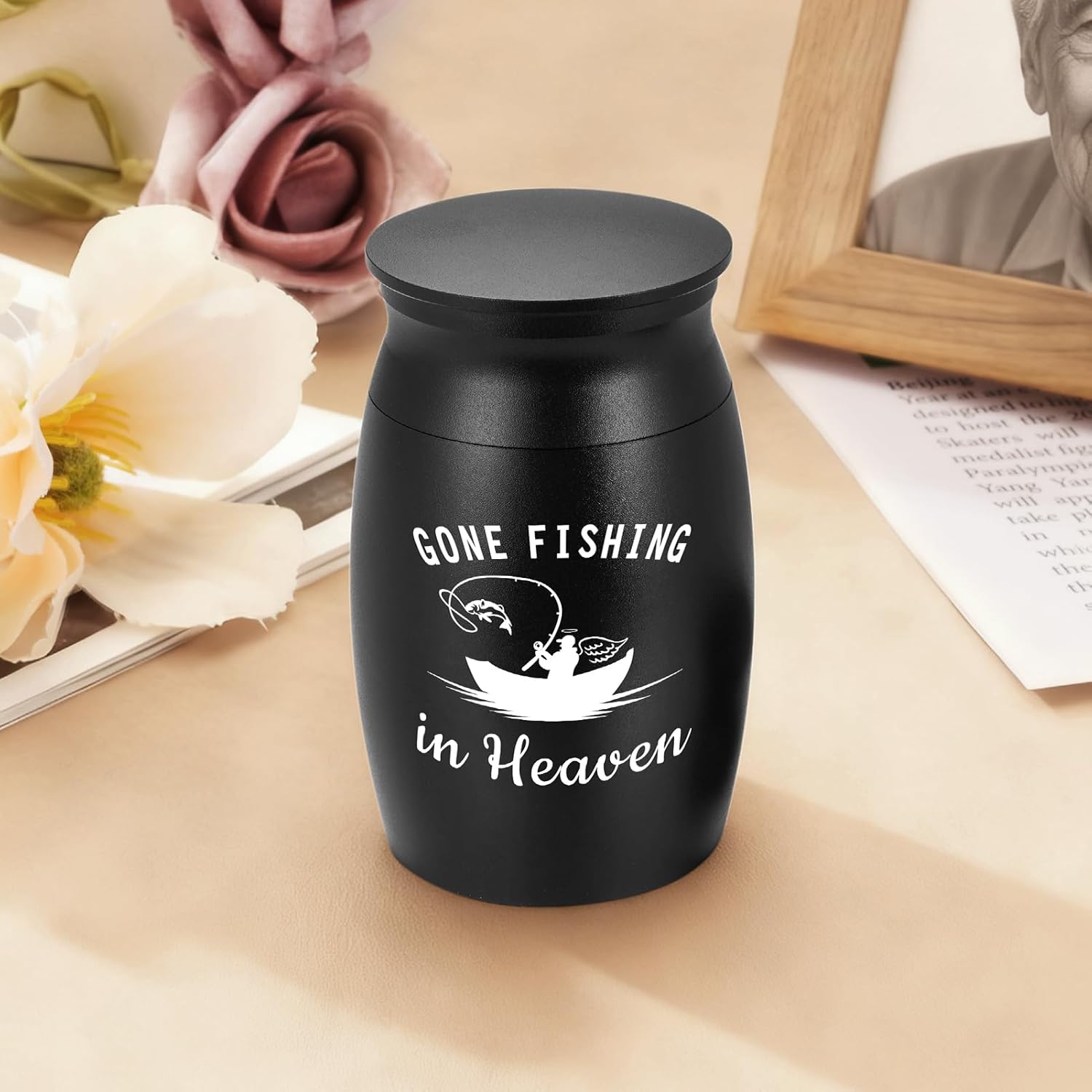Personalized Small Urns for Human Ashes Keepsake 2.76 Inches Mini Urns for Ashes Memorial Small Cremation Keepsake Urn Mini Funeral Burial Decorative Urn for Adult Males Men - Gone Fishing in Heaven