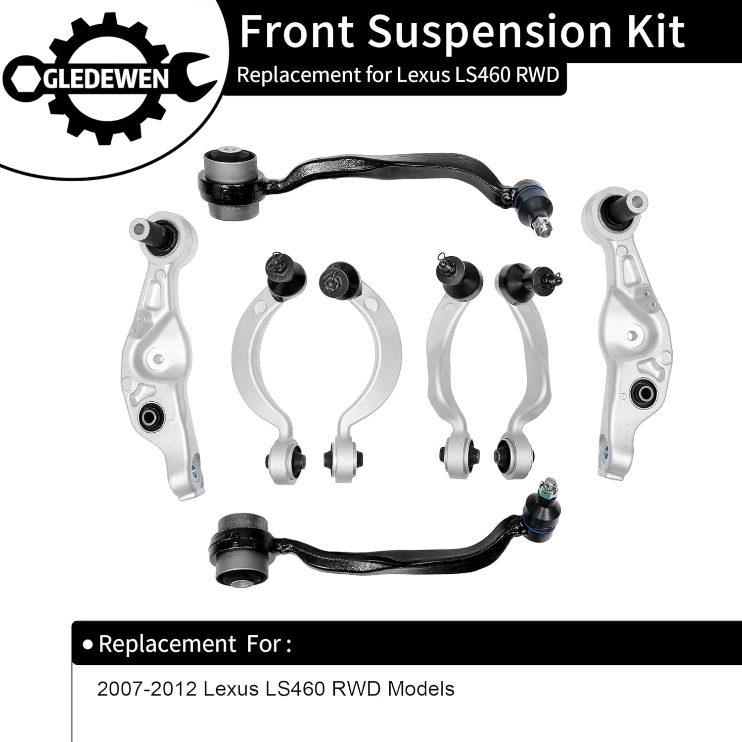 Control Arms, Suspension Kit, Compatible with 2007-2012 Lexus LS460 RWD, w/Front & Left & Right & Lower & Upper & Rearward & Forward Control Arm w/Ball Joint (8PCS), K642208 K642988 K622207 K622209