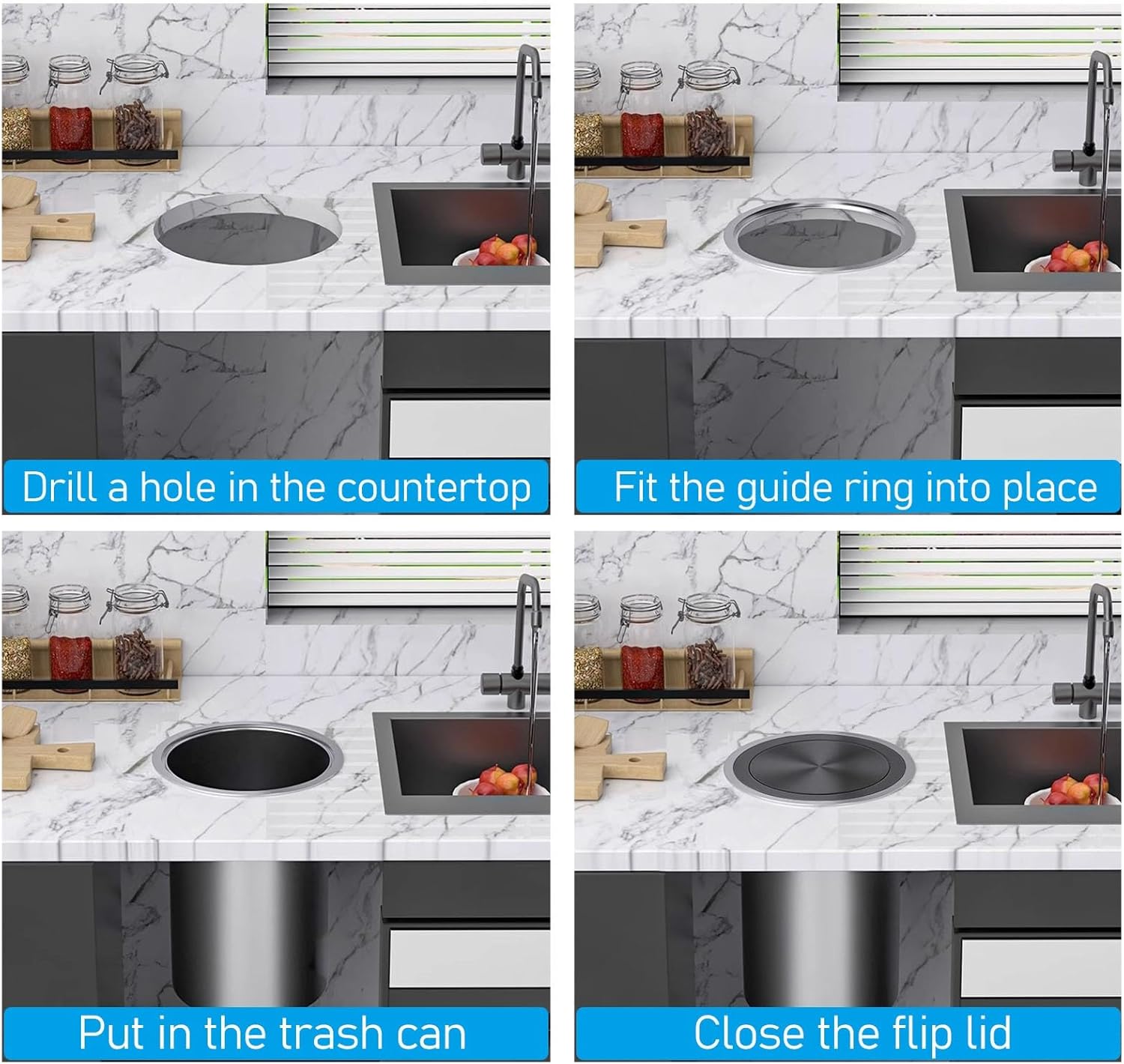 Round Countertop Embedded Waste Lid, Flip Top Built-in Trash Chute Cover, Restaurant Trash Can Panel 304 Stainless Steel for Kitchen Bathroom Office(Gold,22-26cm/8.7-10.2in Opening)