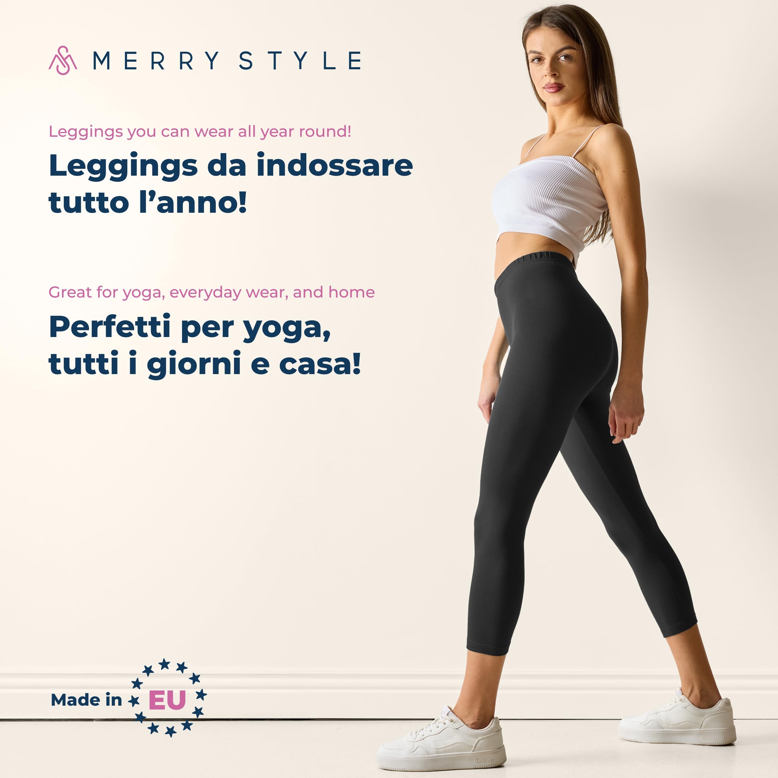 Merry Style Leggings Donna 3/4 Pantaloni Capri Morbidi e Confortevoli Leggins Donna in Cotone Traspirante Elastici e Delicati sulla Pelle Sensibile MS10-199