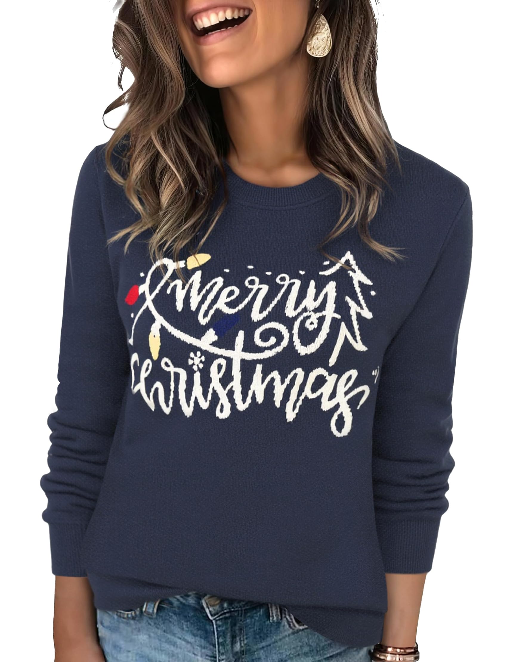 Pull de Noël pour Femme Chandail Femme Hiver Chaud Pullover Tops Sweater à Col Rond Manches Longues Doux Confortable S-3XL