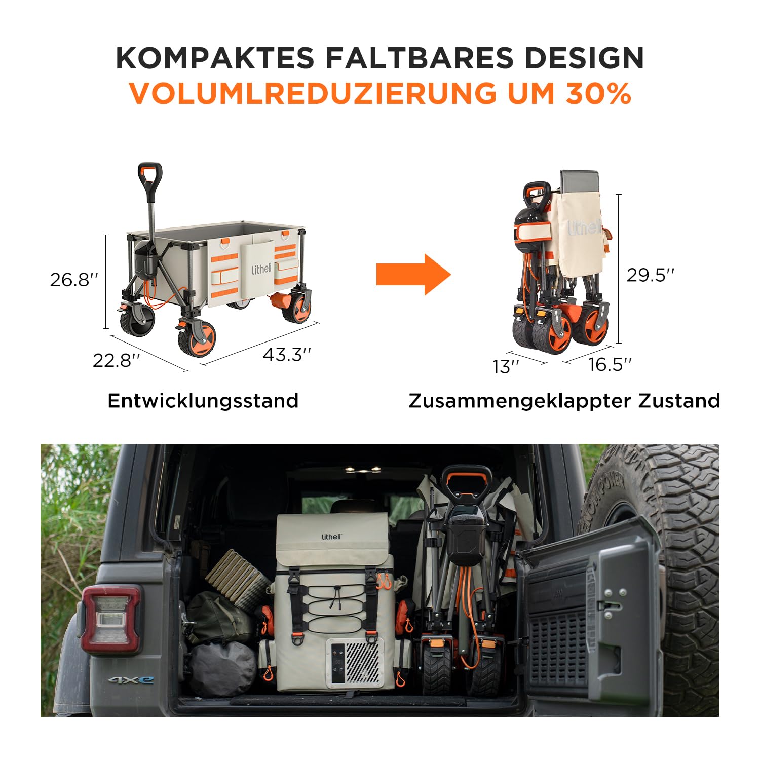Litheli Carrello a mano boller, elettrico, pieghevole per esterni, con doppio motore e freni, capacità da 150 l e portata da 60 kg, per campeggio, giardino, spiaggia, shopping (Beige)