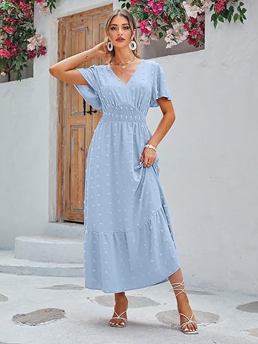 Miniatura 3 de Amegoya Vestido largo de otoño con lunares suizos para mujer, con cuello en V, cintura imperio, vestido de verano, bohemio, vestido de invitada de