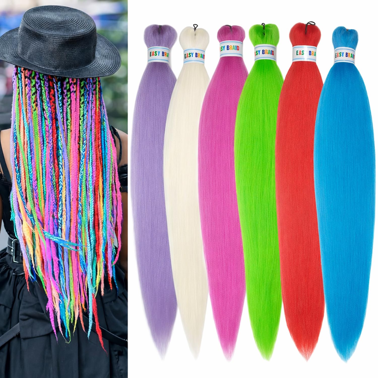 Pre Stretched Braiding Hair 26inch Colored Hair Extensions for Braids 6pcs Knotless Multi Color Braiding Hair Prestretched for Women