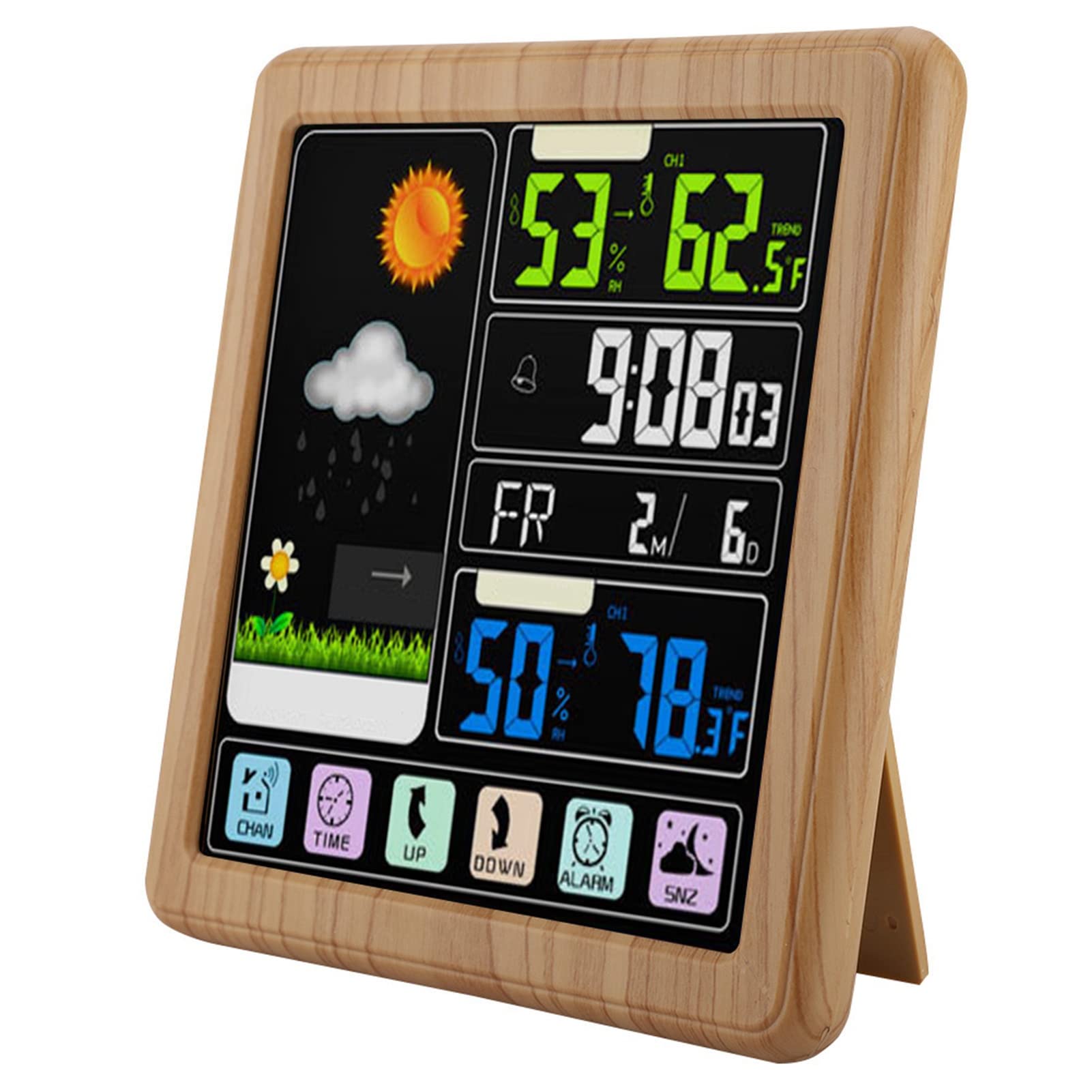 Sxhlseller Drahtlose Wetteruhr mit Vollem Touchscreen |Multifunktionswecker mit Farb-LCD, USB-Anschluss, Kindersicherung für TS-3310 (Holzfarbe)
