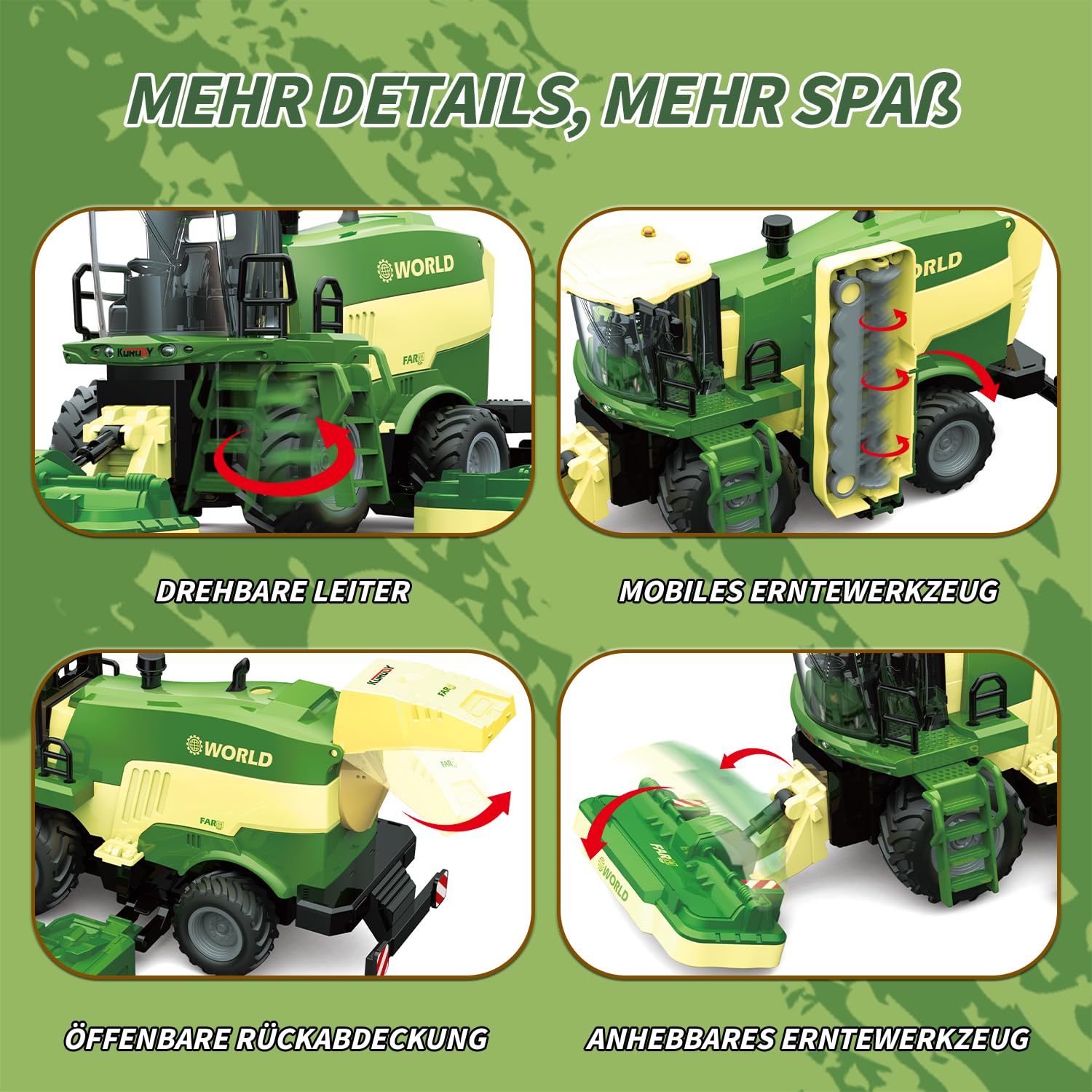 PENGBU RC Falciatrice giocattolo, mietitrebbia telecomandata per bambini, tosaerba, 2,4 GHz, trattore radiocomandato e trituratore di mais con suono/luce/spray, Harvester Trecker