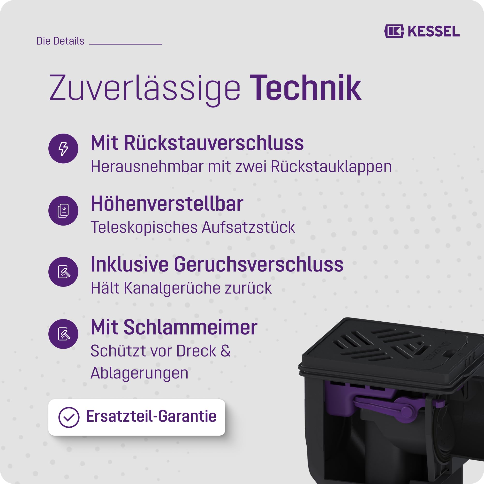 KESSEL Kellerablauf Drehfix DN 100 Typ 5-27301 Schlitzrost Kunststoff schwarz | Bodenablauf mit integriertem Rückstauverschluss 2 Klappen + handverriegelbarer Notverschluss | Schlammeimer | EN 1253