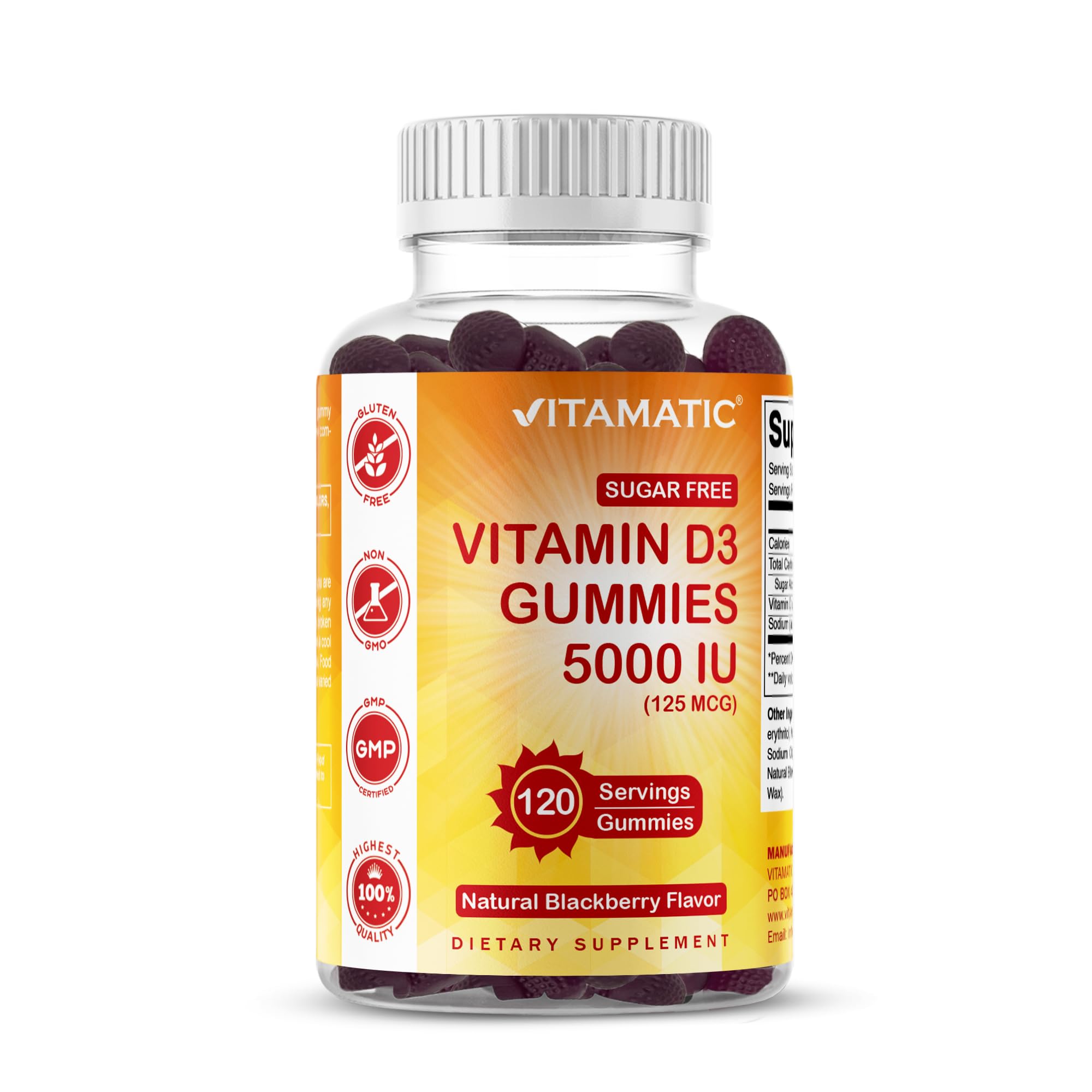 Vitamatic Sugar Free Vitamin D3 5000 IU - 120 Gummies - Great Taste - Healthy Bones, Mood & Immune System Function - Non-GMO - 120 Servings (5000 IU)