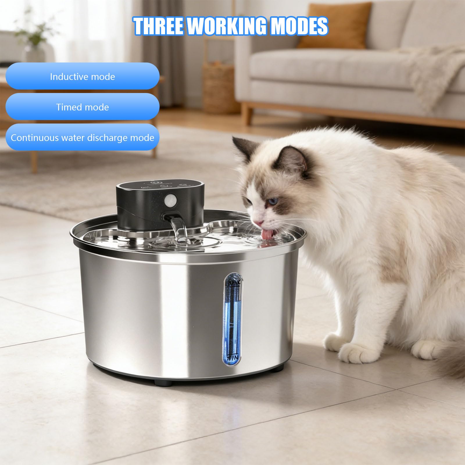 Molla di acqua ricaricabile del gatto 3.2L, corrente continua | Costruzione antiruggine 304, filtro multistrato efficacemente impurità dei capelli odori, promuove la salute ordinata