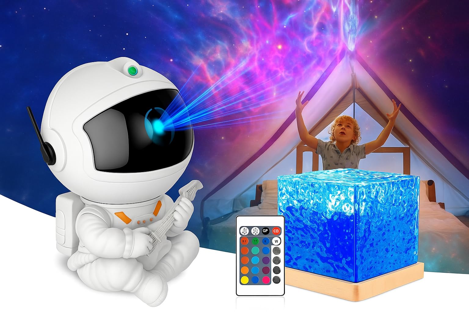 FLYNGO Combo of Astronaut Night Light Galaxy Projector Lamp with 3D Ocean Wave Night Light Projector (Guitar Astronaut + Ocean Wave Lamp)