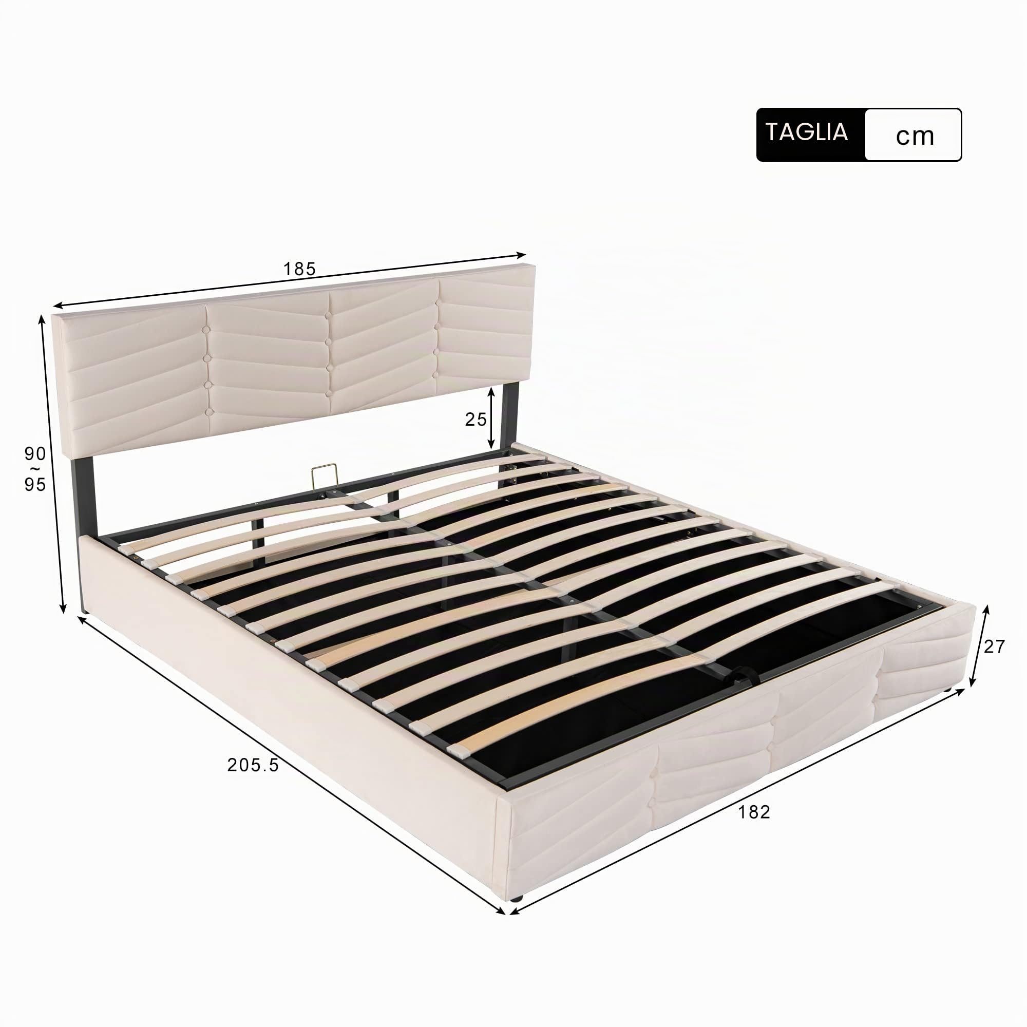 Letto Imbottito 180x200 cm, Letto Matrimoniale con Contenitore, Modern Struttura del Letti Idraulico con Testiera Regolabile In Altezza e Rete a Doghe In Legno, Velluto, Beige, Senza Materasso