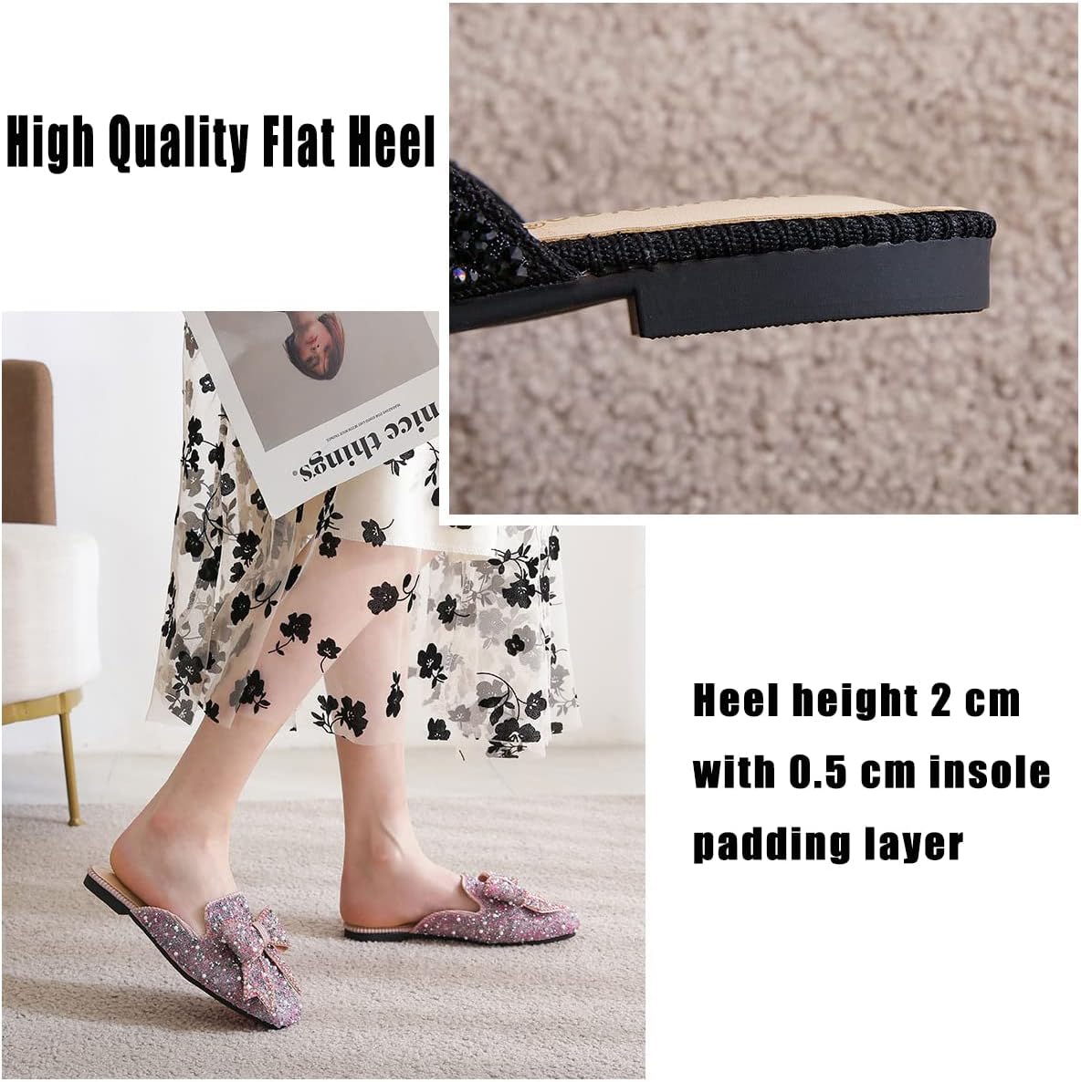 SAFECAMS Women's Rhinestone Bow Flat Mules Comfortable Square Toe Slip on Penny Loafers Ladies Baotou Clogs Half Slides Mules - Image 6