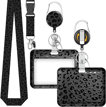 Uniclife Fashionable Sliding Badge Holder Horizontal Leopard with Reel | Retractable carabiner clip, detachable lanyard strap, horizontal Card Protector, for office worker nurse teacher student