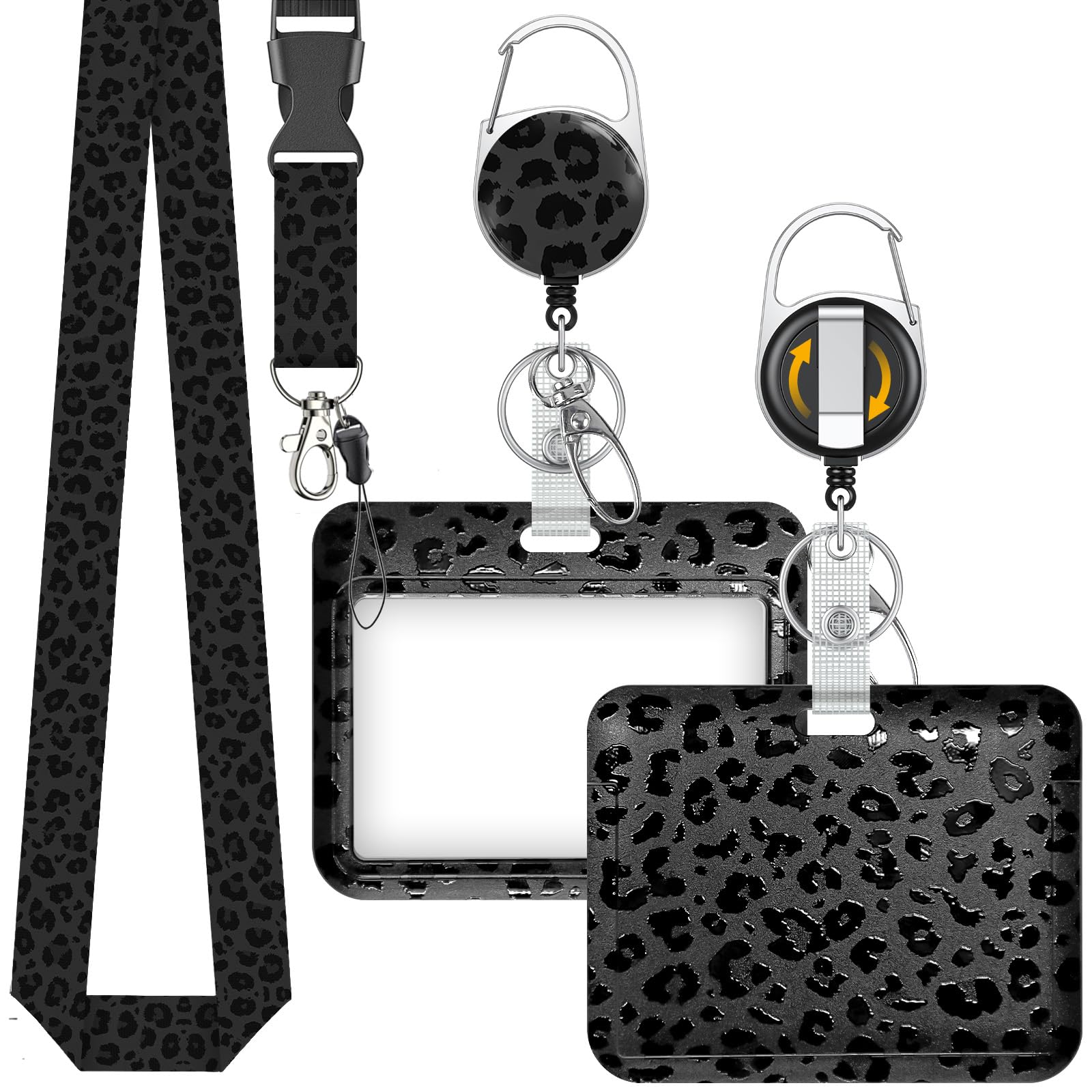 Uniclife Fashionable Sliding Badge Holder Black Leopard Print Plastic Case with Retractable Badge Reel Carabiner Clip & Detachable Lanyard Strap Horizonal Card Protector for Worker Nurse