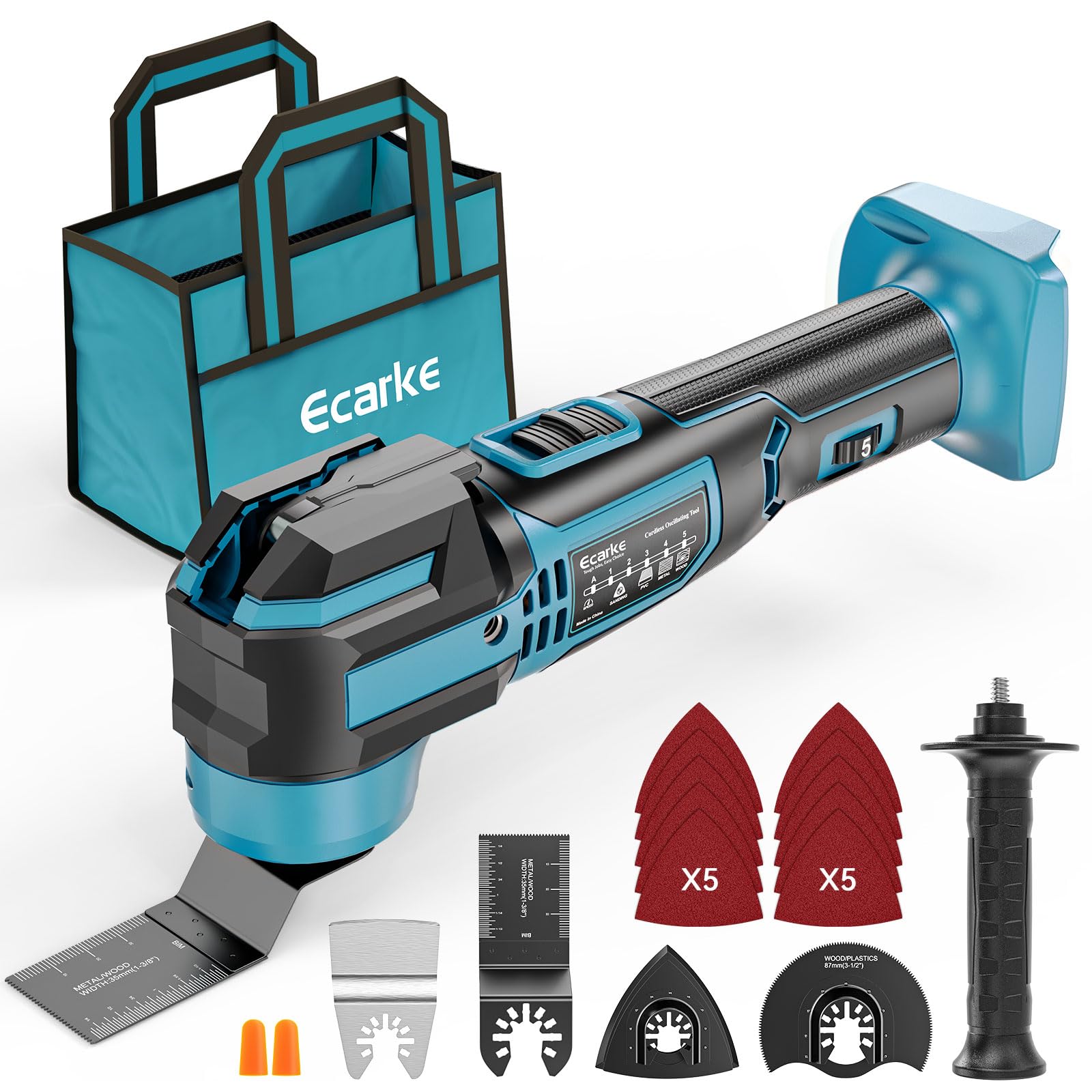 Ecarke Multiherramienta Compatible con Baterías Makita 18V, 5 Velocidades Ajustables, Motor Sin Escobillas, 16 Accesorios, Sistema de Amortiguación Integrado, Luz LED Anular(Solo Herramienta)-Azul