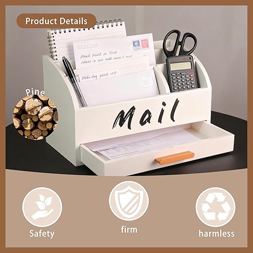 Miniatura 5 de GOPRETY Organizador de correo para escritorio, soporte para billetes de encimera con almacenamiento de archivos, escritorio de madera con cajones,