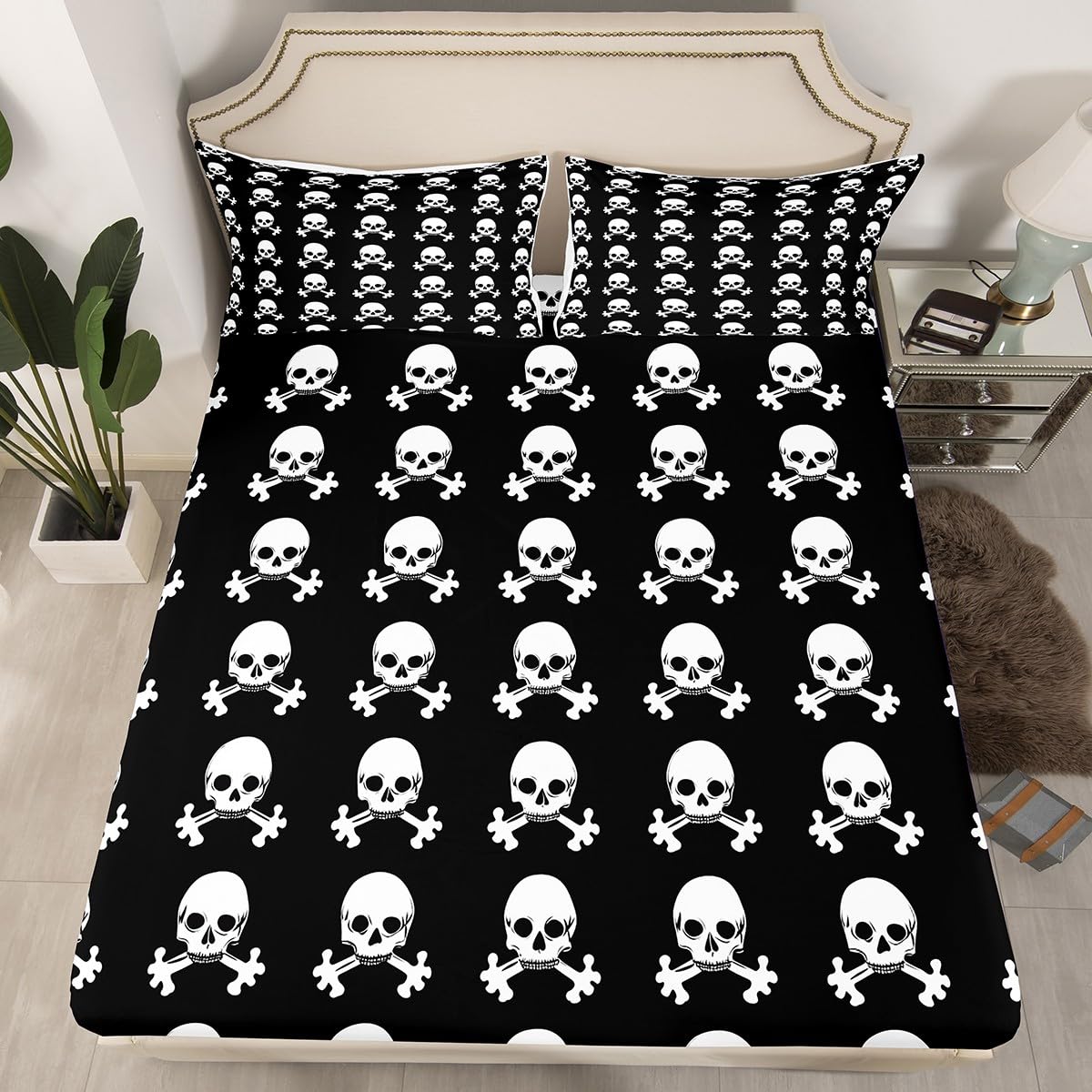 Homewish Juego de ropa de cama doble con diseño de calavera de azúcar, decoración gótica espeluznante, sábanas bajeras de Halloween, 4 piezas