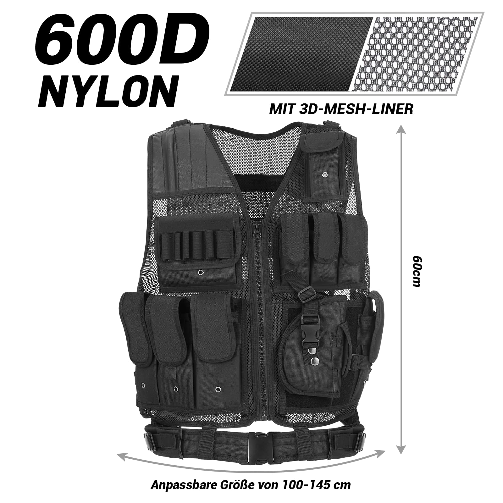 2Stück Taktische Weste Herren mit Taschen, Verstellbarem Hüftgurt | Atmungsaktiv und Strapazierfähig Tactical Weste für Outdoor, Angeln, Camping(Schwarz)